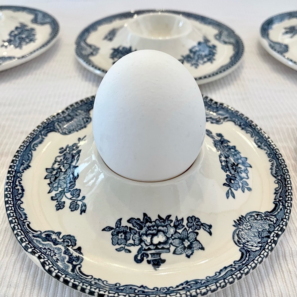 Set of 12 Antique Blue & White Floral Egg Cups - Made in England
